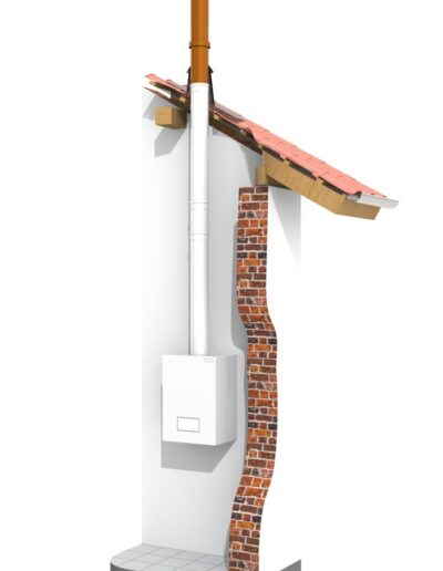 A freestanding sculpture featuring a white column with an exposed brick section, a small pink-tiled roof, and an electrical box attached to the side.