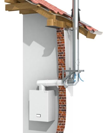 Outdoor wood-burning stove attached to a white wall with exposed brick, connected to a tall silver vent pipe rising above a small roof.