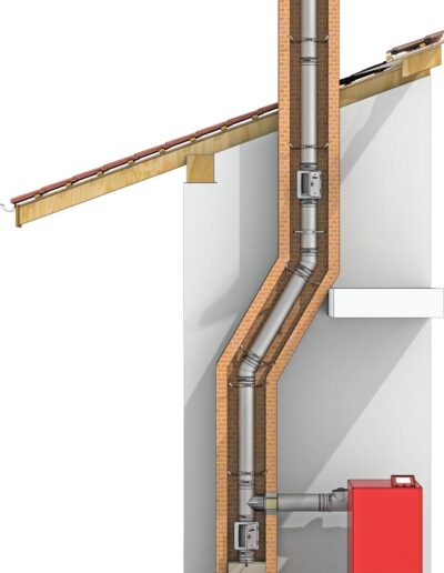 Cross-sectional view of a house showing an insulated vertical chimney running from a basement heating unit to the roof.