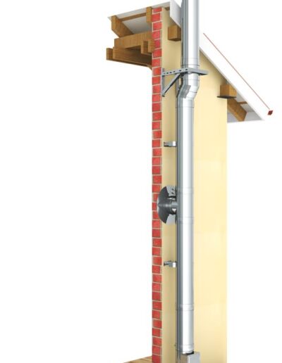 Cross-section illustration of a house showing a vertical metal chimney vent passing through a stud wall and roof beside a brick fireplace.