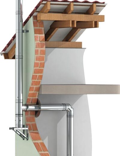 Cross-section of a brick masonry fireplace with a wood-burning stove and metal flue pipe.