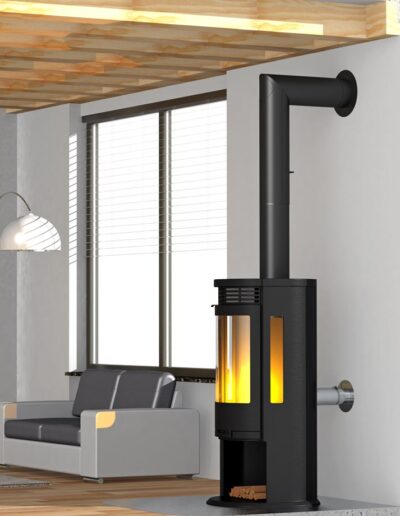 Modern living room with a black freestanding wood stove glowing with a fire, a metal chimney, a gray sofa, and a large window.