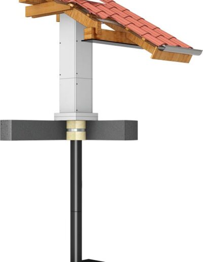 Freestanding outdoor wood-burning stove with a glass-door fire chamber, tall chimney, and a small red-tiled roof shelter.