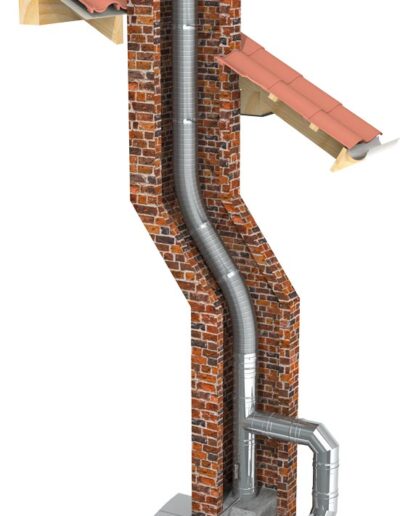 Brick chimney with an exposed metal flue and curved ductwork on a concrete base.