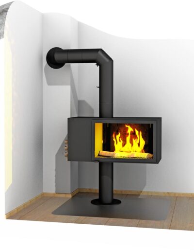 Black wood-burning stove with a glass door showing flames, in the corner of a white-walled room with a curved vent pipe.