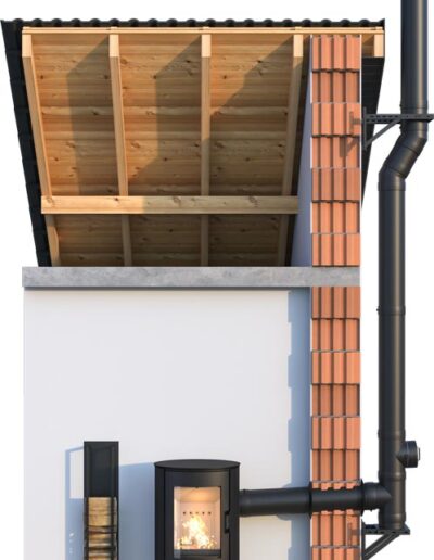 A black wood-burning stove sits in a white-walled fireplace alcove with a brick chimney, a wood storage cabinet to the left, and metal flue pipes running up to an exterior vent.
