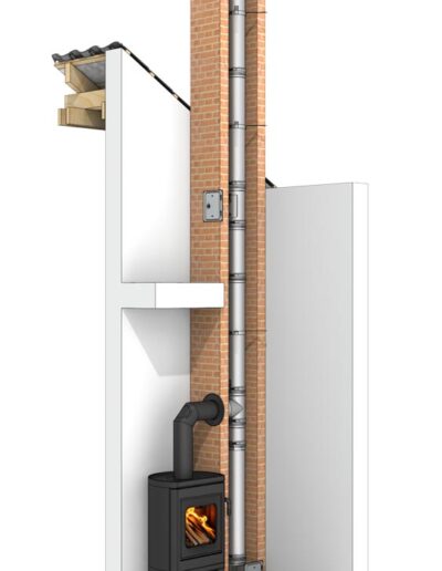Cutaway view of a wood-burning stove connected to a tall brick chimney in a small room.