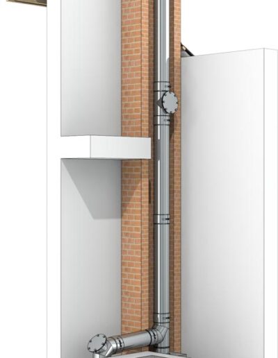 A small wood-burning stove at the base of a tall brick chimney mounted on the outside of a white building.