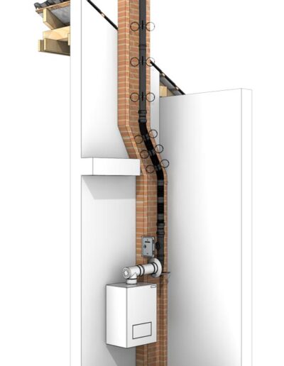 Vertical brick chimney with a metal flue running through a white utility alcove, connected to a boiler at the base.