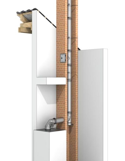 Tall brick chimney with a metal flue inside a white enclosure, connected to an exterior vent hood and a small base cabinet.