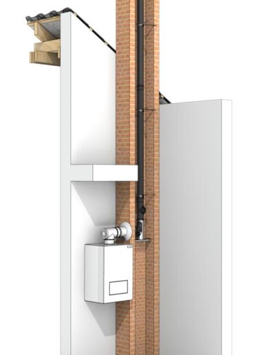 A tall brick chimney extends through a white vertical mechanical shaft with a small boiler and attached vent ducts.