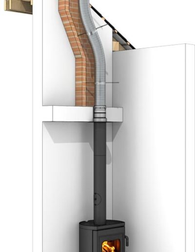 A wood-burning stove in a corner with a metal flue leading to a brick chimney that rises through the wall to the roof.