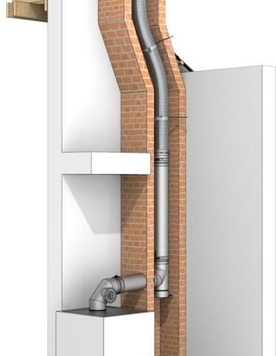 Vertical cutaway view of a home vent system showing a brick chimney with metal flue pipes beside a white furnace.