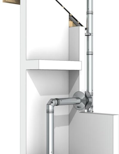 Wood-burning stove on a small platform connected to a tall metal chimney with vertical ductwork against a white wall.