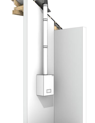 White exhibition booth featuring a freestanding stove with a tall black chimney pipe between white walls.