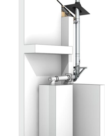 Industrial vertical boiler system with white modular housing, connected piping, and a tall exhaust stack on a concrete base.