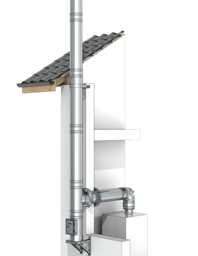Cross-sectional illustration of a wood-burning stove connected to a tall chimney passing through a roof.