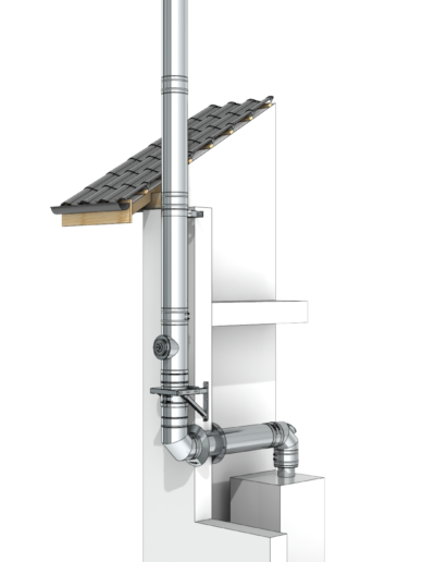 Vertical silver metal chimney flue with elbow joints and a roof penetration beside a white fireplace enclosure.