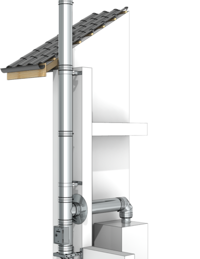 Cross-sectional illustration of a tall metal chimney connected to a furnace with internal components, extending through a sloped roof.