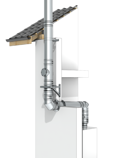 Cutaway view of a wall-through chimney with a vertical metal flue and connected stove.