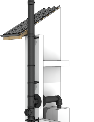 Cross-section illustration of a tall vertical chimney pipe connected to a stove inside a building.