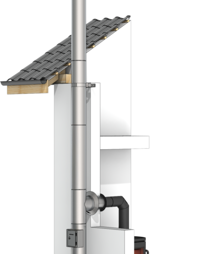 Tall stainless steel chimney stack with a wood-burning stove and external flue pipes beside a small white building with a sloped roof.