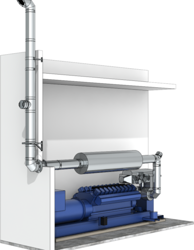 Industrial boiler system with a vertical exhaust stack, horizontal piping, and a blue motor mounted on a base.