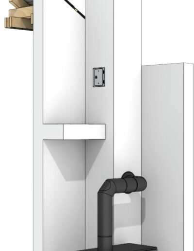 A black wood-burning stove with a glass door sits in a white alcove, connected to a tall white chimney, with a small wood storage shelf to the left.