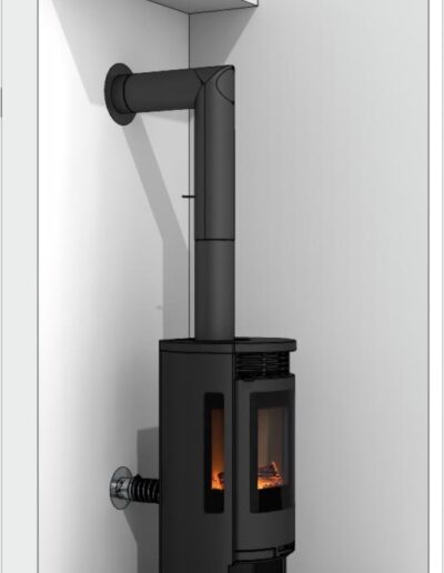 Black wood-burning stove with a glass door showing a fire, connected to a vertical chimney in a white alcove.