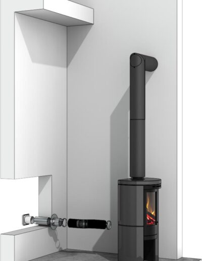 A black wood-burning stove with a glass door and a tall vertical chimney stands in the white corner of a room, connected to a metal flue.