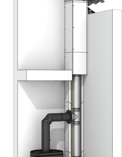 Wood-burning stove in a white-walled alcove with a tall metal chimney and exposed ductwork.