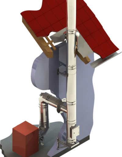 Abstract industrial sculpture consisting of white pipes and metal fittings, with a red curved sheet atop a blue rounded form and a red cube on a gray base.