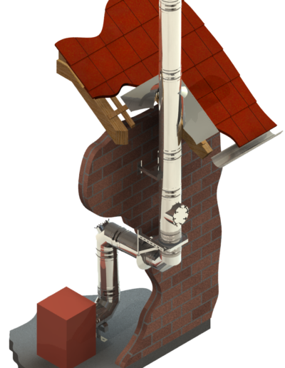 Abstract humanoid sculpture made of bricks and metal pipes, wearing a red plaid shirt and standing on a gray base with a small red cube.