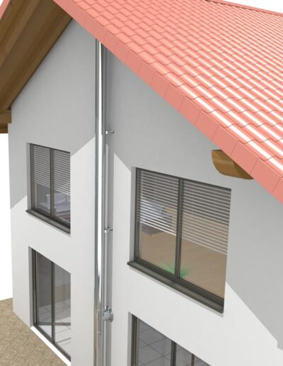 Two-story white house with a red sloped roof, a metal downspout along the exterior wall, and large windows.