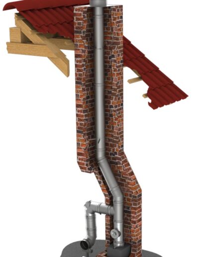 Cross-sectional view of a brick chimney with an inner metal flue and a red roof.