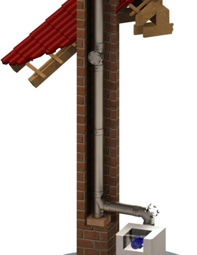 A miniature brick stove with a tall chimney and a red-tiled roof on a gray base.