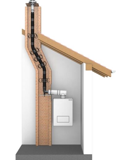 Cross-section illustration of a brick chimney with an interior furnace and a wooden exhaust flue extending to the outside.