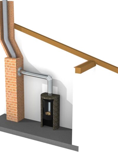A brick chimney with a metal flue connects to a black wood-burning stove on a concrete base, while a long wooden beam extends from the wall across the space.