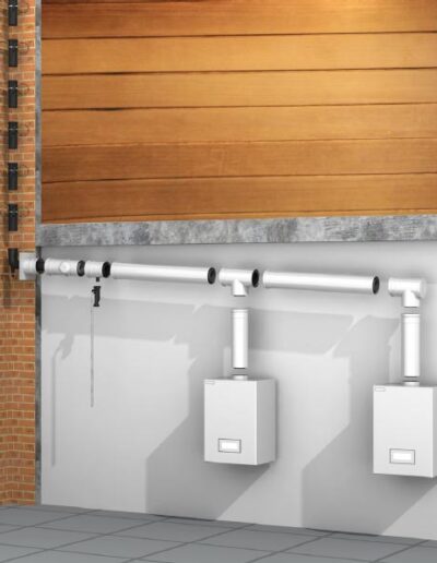 Two white utility boxes connected to a horizontal pipe with vertical drops, mounted on a gray wall beneath a wood-paneled upper wall.