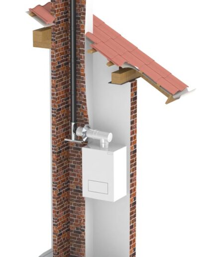 A miniature brick chimney with a metal vent stack beside a small roofed shelter housing a white wall-mounted appliance.