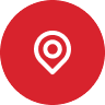 White map pin icon centered on a red circular background.