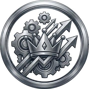 moldrich-26-unternehmen-uns-02 Round silver emblem featuring interlocking gears, a crown, and upward-pointing arrows.