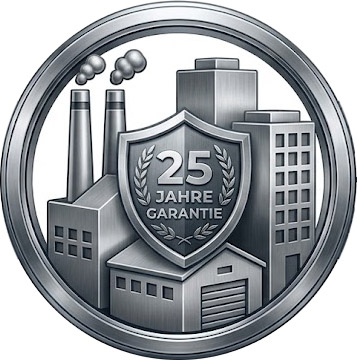 moldrich-26-unternehmen-uns-03 A silver commemorative coin depicting factory buildings and a shield labeled 25 Jahre Garantie.
