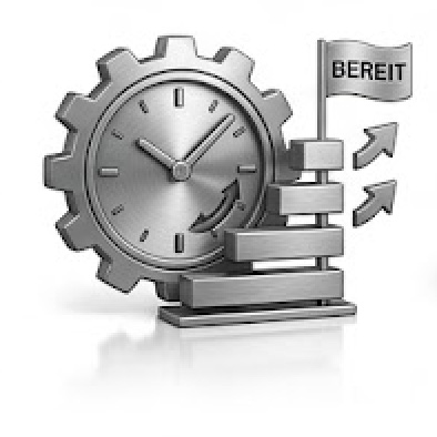 moldrich-26-unternehmen-vorteile-bauzeit A metallic gear with a clock face beside a small staircase and a flag reading BEREIT.