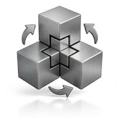 moldrich-26-unternehmen-vorteile-flexibilitaet Three metallic cubes arranged around a central hollow cross, with curved arrows indicating rotation.