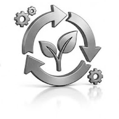moldrich-26-unternehmen-vorteile-nachhaltigkeit An icon showing a circular recycling loop with a plant at the center and gears around it.