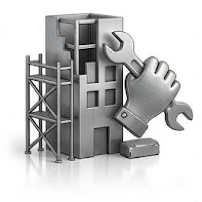 moldrich-26-unternehmen-vorteile-optimierung 3D illustration of a building under construction with scaffolding and a large hand holding a wrench.