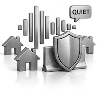 moldrich-26-unternehmen-vorteile-schallschutz Gray security shield with surrounding houses and a sound wave icon labeled QUIET.