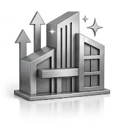 moldrich-26-unternehmen-vorteile-werthaltung 3D grayscale factory with upward arrows and sparkles.