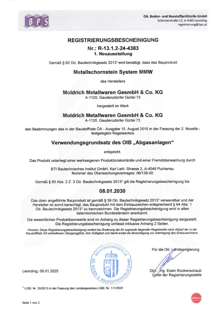 A formal German registration certificate document with multiple company names, headings, and blue and red official seals.